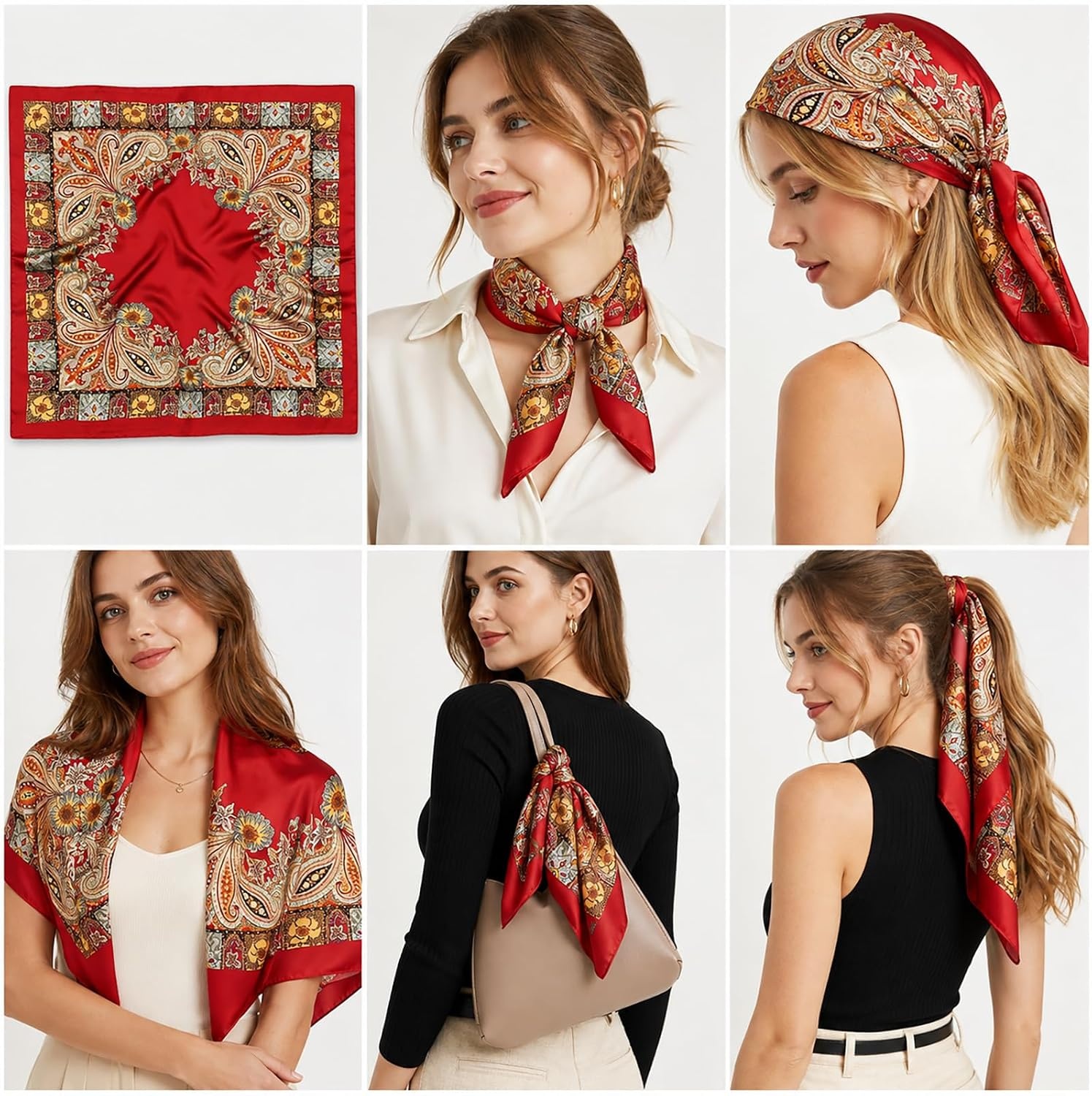image:imageFAIRYGATE Damen Seidentuch Quadrates Bedrucktes Halstuch Satin Seidenschal Kopftuch 70x70cm92011