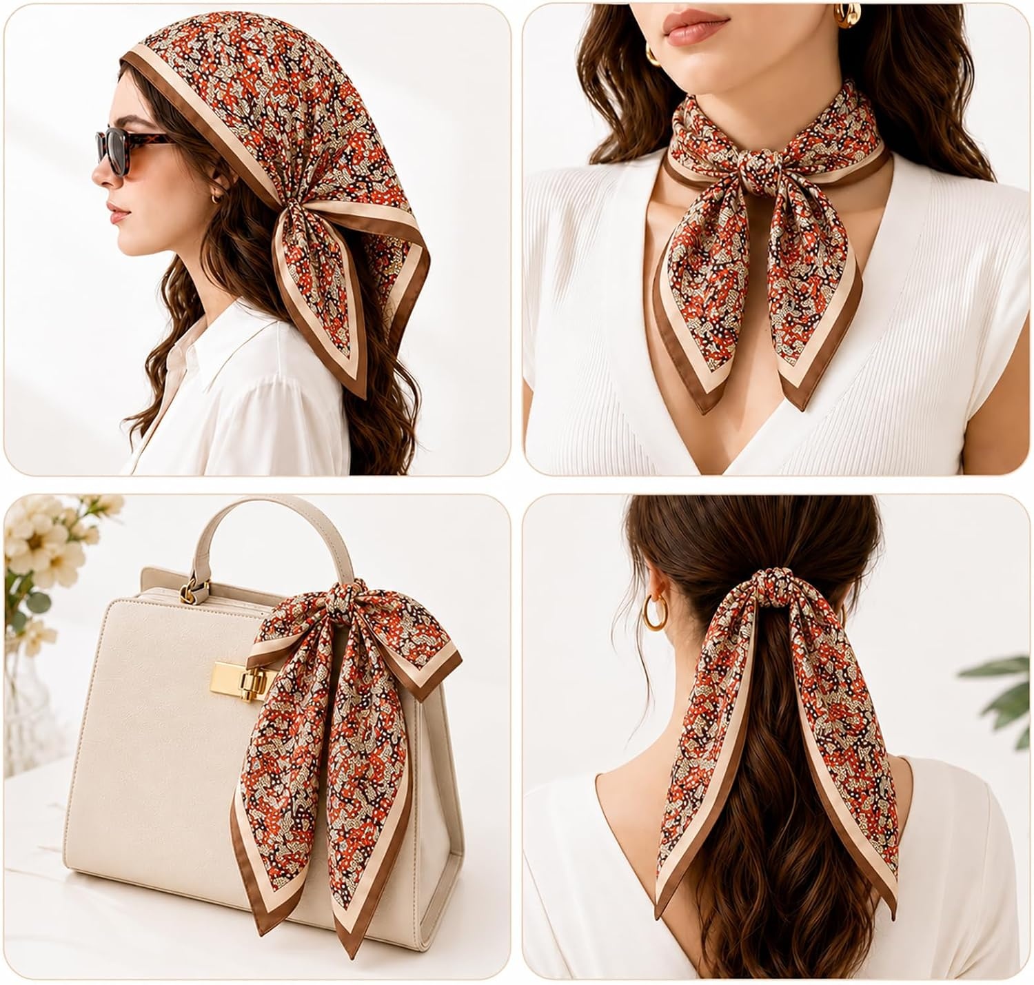 image:imageFAIRYGATE Damen Seidentuch Quadrates Bedrucktes Halstuch Satin Seidenschal Kopftuch 70x70cm92019