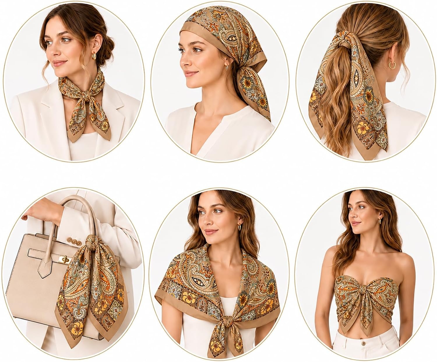 image:imageFAIRYGATE Damen Seidentuch Quadrates Bedrucktes Halstuch Satin Seidenschal Kopftuch 70x70cmBraun