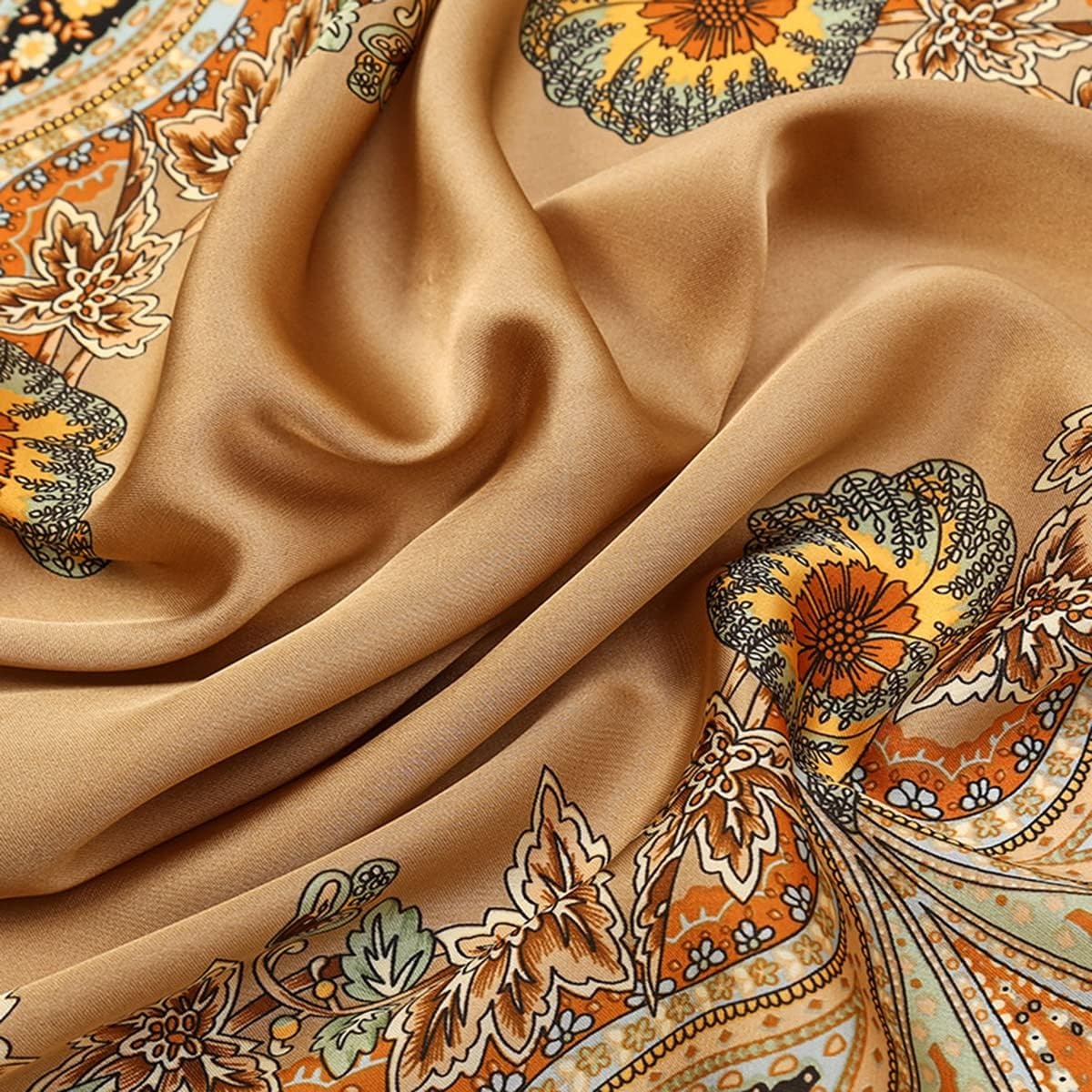 image:imageFAIRYGATE Damen Seidentuch Quadrates Bedrucktes Halstuch Satin Seidenschal Kopftuch 70x70cmBraun