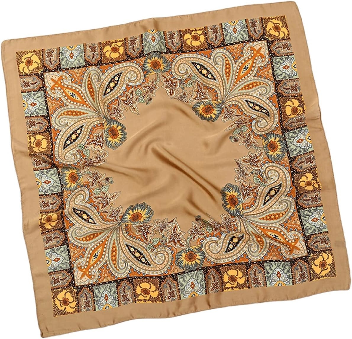 image:imageFAIRYGATE Damen Seidentuch Quadrates Bedrucktes Halstuch Satin Seidenschal Kopftuch 70x70cmBraun