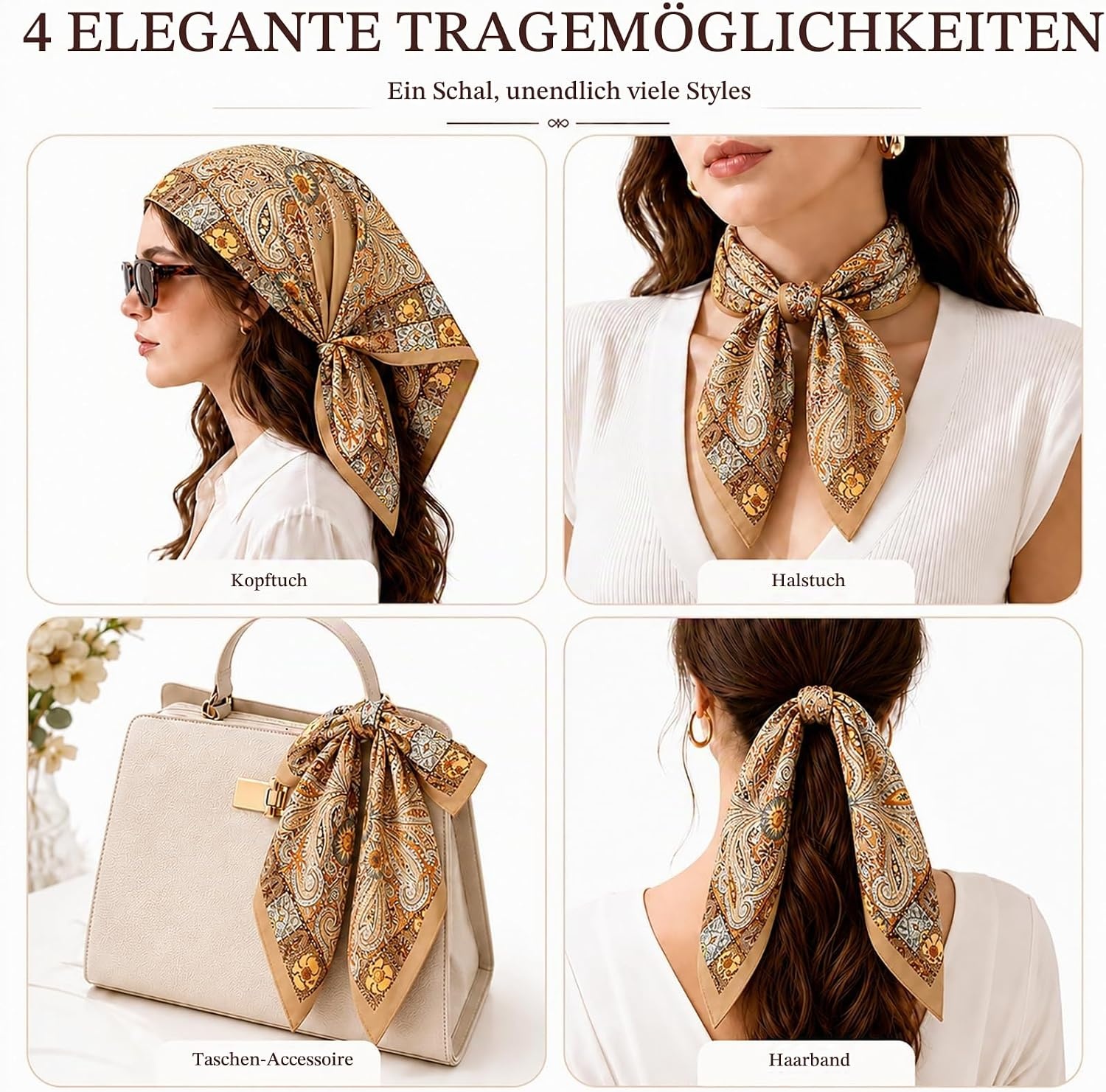 image:imageFAIRYGATE Damen Seidentuch Quadrates Bedrucktes Halstuch Satin Seidenschal Kopftuch 70x70cmBraun