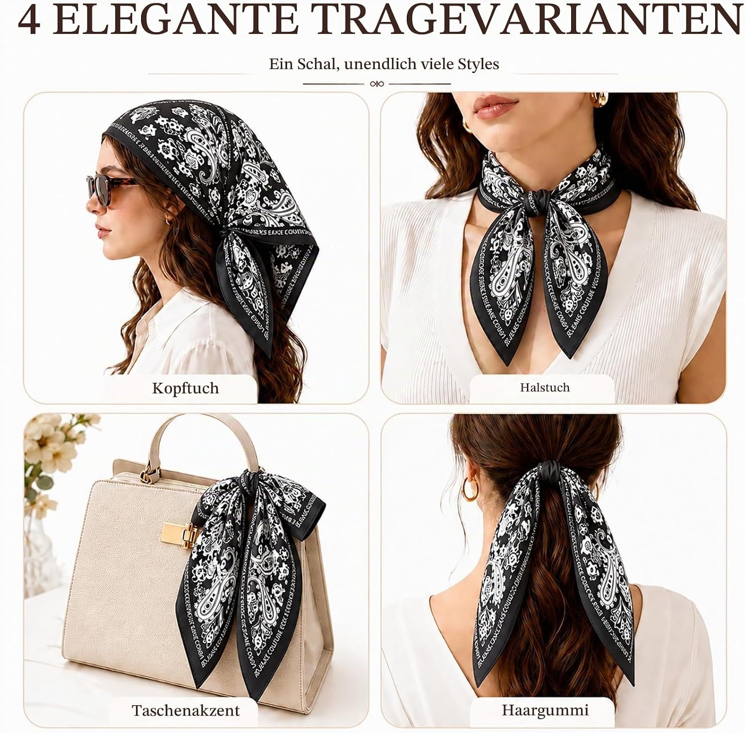 image:imageFAIRYGATE Damen Seidentuch Quadrates Bedrucktes Halstuch Satin Seidenschal Kopftuch 70x70cmFdgh95005
