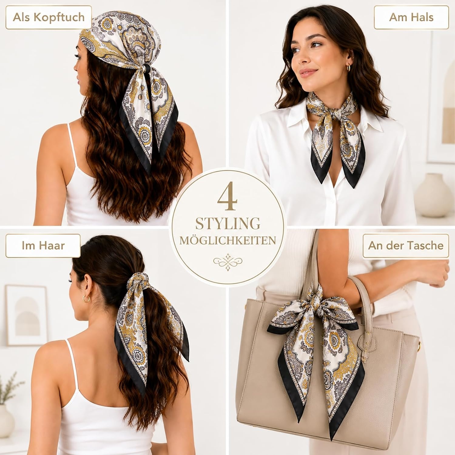 image:imageFAIRYGATE Damen Seidentuch Quadrates Bedrucktes Halstuch Satin Seidenschal Kopftuch 70x70cmFdgh95018