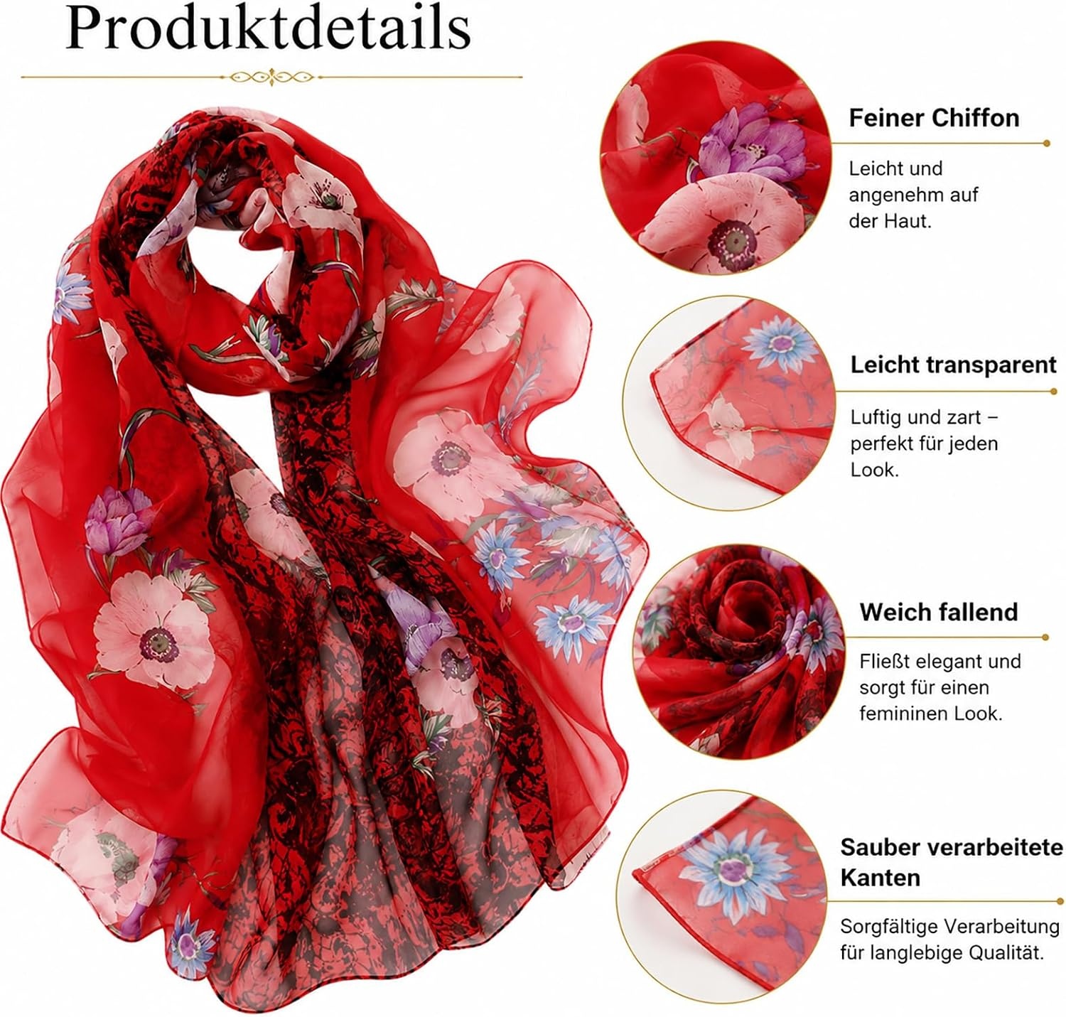 image:imageFAIRYGATE Georgette Chiffon Schal Damen Lange Schals Blume Muster Soft Wrap Simulation Seidenschal fr Frhling Sommer Herbst Winter38011