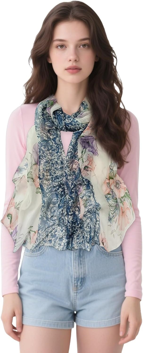 image:imageFAIRYGATE Georgette Chiffon Schal Damen Lange Schals Blume Muster Soft Wrap Simulation Seidenschal fr Frhling Sommer Herbst Winter38016