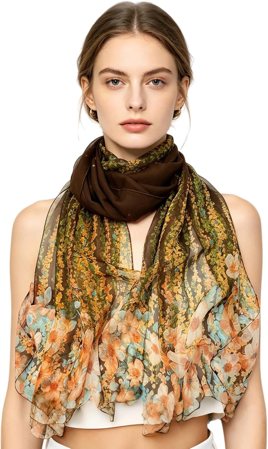 image:imageFAIRYGATE Georgette Chiffon Schal Damen Lange Schals Blume Muster Soft Wrap Simulation Seidenschal fr Frhling Sommer Herbst WinterFDKR38032