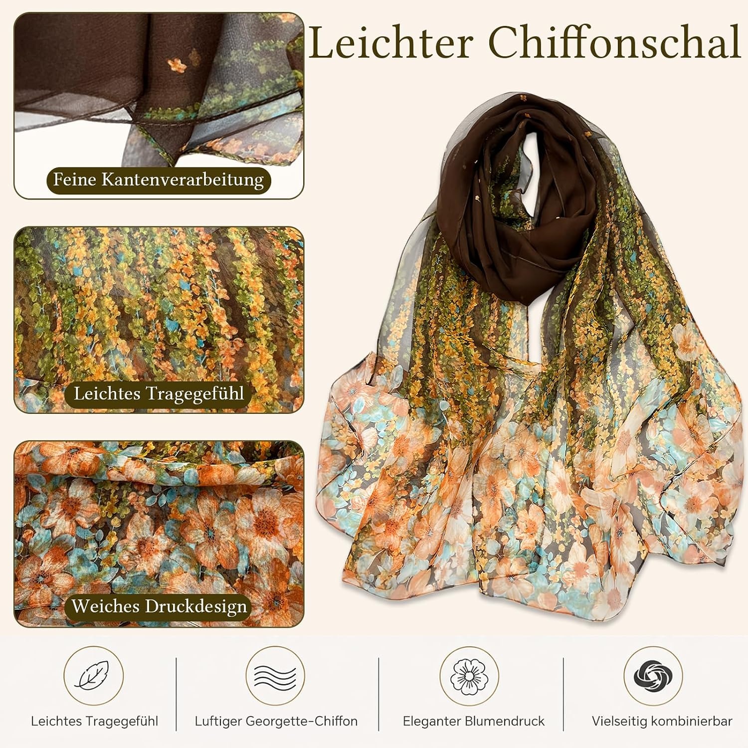 image:imageFAIRYGATE Georgette Chiffon Schal Damen Lange Schals Blume Muster Soft Wrap Simulation Seidenschal fr Frhling Sommer Herbst WinterFDKR38032
