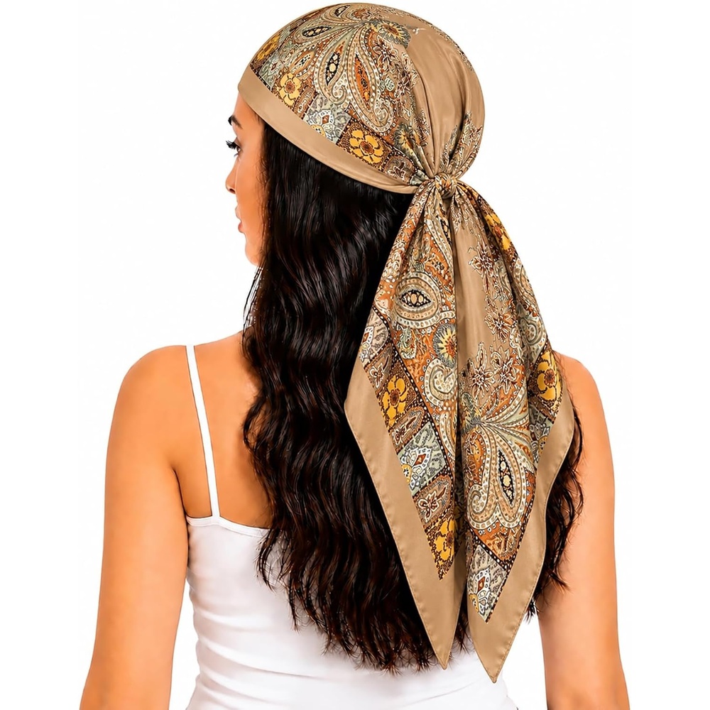 image:imageFAIRYGATE Damen Seidentuch Quadrates Bedrucktes Halstuch Satin Seidenschal Kopftuch 70x70cmBraun